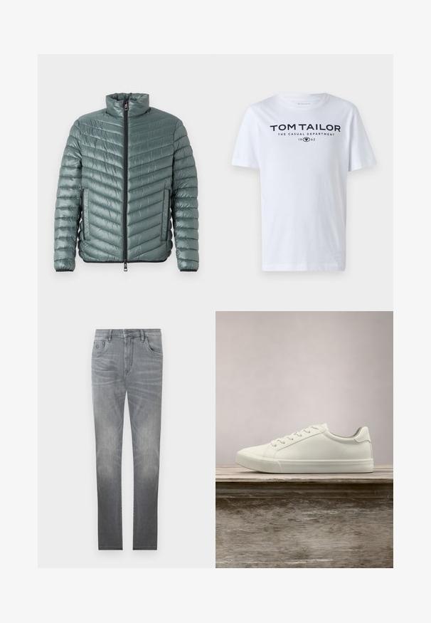 TOM TAILOR LIGHTWEIGHT JACKET - Overgangsjakke - washed jasper green; Hvid bomulds t-shirt med rund hals, korte ærmer og navy tekst, der læser "TOM TAILOR THE CASUAL DEPARTMENT 1962."; Grå denim jeans med et falmet design, fem-lommer stil, knaplukning og lige ben. Glat tekstur med let slid ved kanterne.; Hvide snørresneakers svævende over en træbænk med grønne planter i baggrunden, der fremhæver skodesign og tekstur.