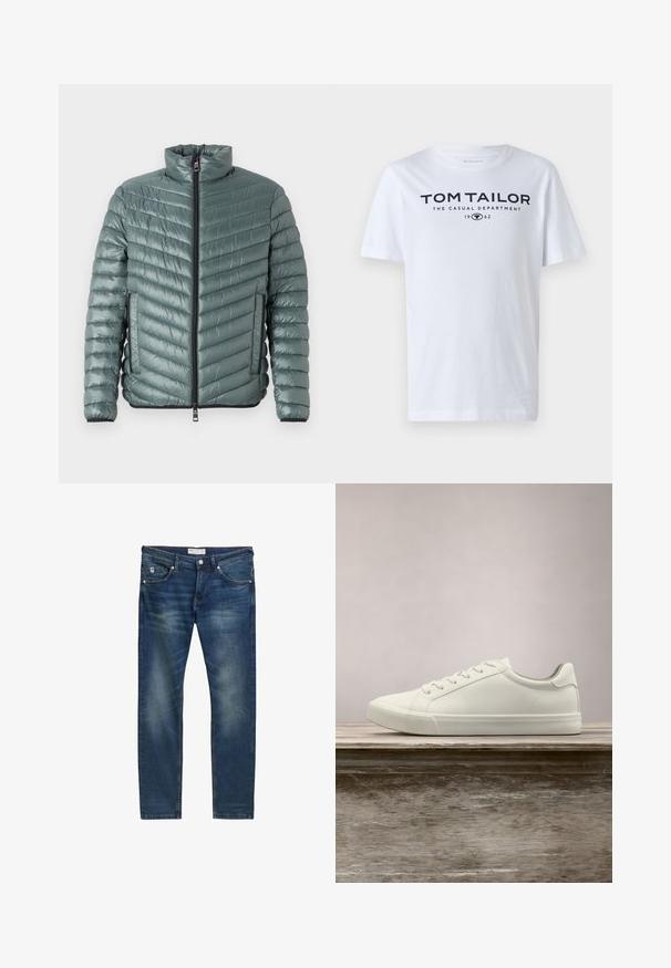 TOM TAILOR LIGHTWEIGHT JACKET - Kerge jope - washed jasper green; Valge puuvillane T-särk, millel on ümardatud kaelus, lühikesed varrukad ja tumesinine tekst "TOM TAILOR THE CASUAL DEPARTMENT 1962."; Tumedat sinised teksad sirge lõikega, millel on kergepleekimine, viis taskut, lukuga kinni ja peened kontrastõmblused.; Valged nööpidega ketsid, mis hõljuvad puidust pingil rohelise lehestiku taustal, näidates uue disaini ja tekstuuri.
