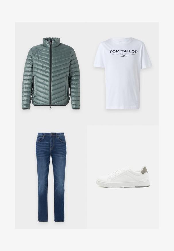 TOM TAILOR LIGHTWEIGHT JACKET - Ľahká bunda - washed jasper green; Biela bavlnená tričko s okrúhlym výstrihom, krátkymi rukávmi a námorníckym textom "TOM TAILOR THE CASUAL DEPARTMENT 1962."; Tmavomodré denimové džínsy s klasickým rovný strihom, dizajnom s piatimi vreckami a miernym vyblednutím na nohách. Obsahujú zapínanie na gombík a zips.; Biele tenisky z hladkej koženej tkaniny, zaoblenou špičkou, minimalistickým dizajnom, sivým akcentom na päte a textúrovanou gumovou podrážkou.