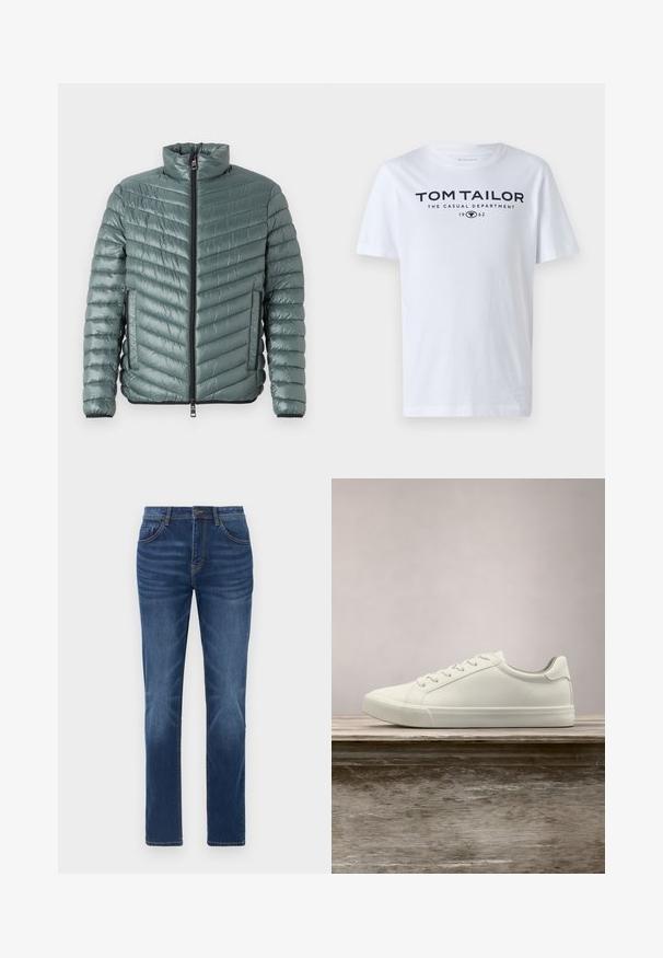 TOM TAILOR LIGHTWEIGHT JACKET - Ľahká bunda - washed jasper green; Biela bavlnená tričko s okrúhlym výstrihom, krátkymi rukávmi a námorníckym textom "TOM TAILOR THE CASUAL DEPARTMENT 1962."; Tmavomodré denimové džínsy s klasickým rovný strihom, dizajnom s piatimi vreckami a miernym vyblednutím na nohách. Obsahujú zapínanie na gombík a zips.; Biele šnurovacie tenisky sa vznášajú nad drevenou lavicou so zeleným porastom v pozadí, predvádzajúc design a textúru topánok.