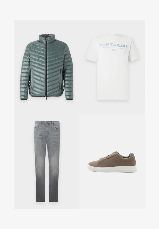 TOM TAILOR LIGHTWEIGHT JACKET - Overgangsjakke - washed jasper green; Hvid bomulds-T-shirt med et lyseblåt print med teksten "TOM TAILOR," "THE CASUAL DEPARTMENT" og "1962." Klassisk rund halsudskæring og korte ærmer.; Grå denim jeans med et falmet design, fem-lommer stil, knaplukning og lige ben. Glat tekstur med let slid ved kanterne.; Brune ruskinds sneakers med flade hvide gummisåler, snørelukning, rund tå og en glat overflade. Minimalistisk stil med diskrete syninger.