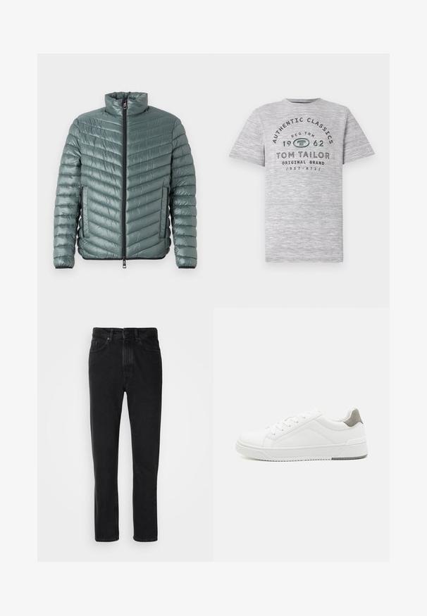 TOM TAILOR LIGHTWEIGHT JACKET - Kerge jope - washed jasper green; Hallide hallise lühikeste varrukatega t-särk, millel on kontrastses tumeroheline ja must tekst "Authentic Classics 1962" ja "Tom Tailor".; Mustmustest denim püksid sirge jala lõikega, varustatud nööbi ja luku sulgemisega, ees olevate taskute ning peene tekstuuriga.; Valge tenniseking sileda nahaga, ümar varvas, minimalistlik disain, hall kand, ja tekstureeritud kummist tald.