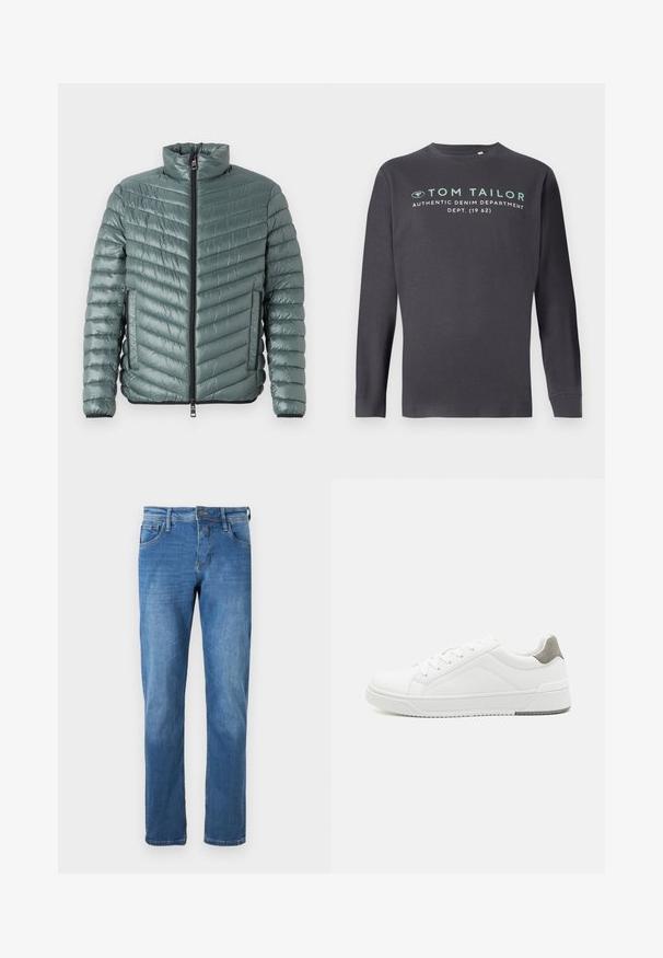 TOM TAILOR LIGHTWEIGHT JACKET - Overgangsjakke - washed jasper green; TOM TAILOR PRINTED - Langærmet T-shirt - tarmac grey; Denim jeans i medium blå med lige pasform. Har fem lommer, en knaplukning og synlige syninger langs sømmene.; Hvid sneaker lavet af glat læder, rund tå, minimalistisk design, grå hælafsats og tekstureret gummisål.