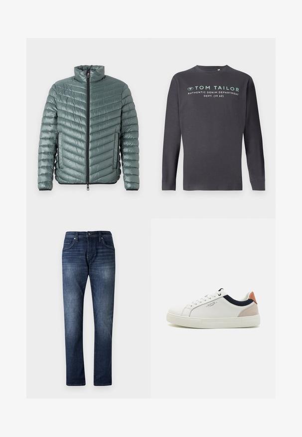 TOM TAILOR LIGHTWEIGHT JACKET - Overgangsjakke - washed jasper green; TOM TAILOR PRINTED - Langærmet T-shirt - tarmac grey; Mørkeblå denimjeans med lige ben design, der har en falmet vask, fem lommer og synlige stikninger langs sømmene.; Hvide lædersneakers med low-top design, marineblå stofdetalje på kraven og en lys lyserød suede hælflap. Gummisål.