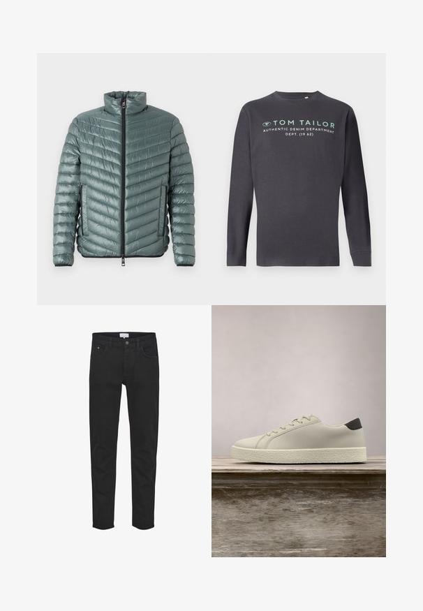 TOM TAILOR LIGHTWEIGHT JACKET - Übergangsjacke - washed jasper green; TOM TAILOR PRINTED - Langarmshirt - tarmac grey; Schwarze Denim-Jeans verfügen über fünf Taschen, einen Reißverschluss, eine schmale Passform und subtile Nähte. Der Stoff hat eine glatte Textur.; Weißer Sneaker mit strukturierter Sohle und schwarzem Absatzdetail, schwebend über einer Holzbank mit hohem grünem Gras im Hintergrund.