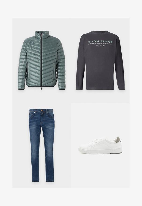 TOM TAILOR LIGHTWEIGHT JACKET - Kerge jope - washed jasper green; TOM TAILOR PRINTED - Pikkade varrukatega topp - tarmac grey; Tumed sinise denimi teksad, sirge lõikega, viie taskuga, kerge kulumisjälg ja kontrastvärviline õmblus, nööpkinnitus vööl.; Valge tenniseking sileda nahaga, ümar varvas, minimalistlik disain, hall kand, ja tekstureeritud kummist tald.