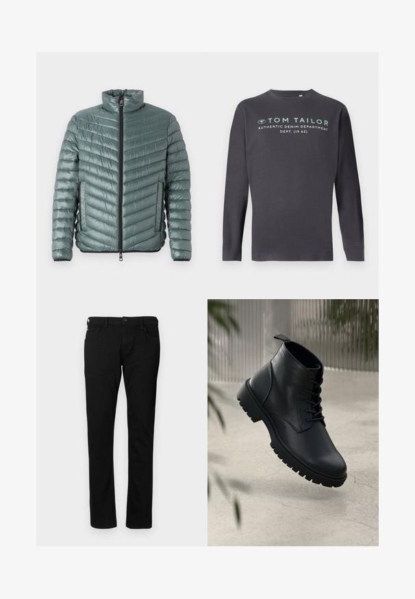 TOM TAILOR LIGHTWEIGHT JACKET - Overgangsjakke - washed jasper green; TOM TAILOR PRINTED - Langærmet T-shirt - tarmac grey; Sorte denim jeans med en slim fit, der har forlommer, bæltestropper og en knaplukning. Glat tekstur med en ensfarvet overflade.; Sorte læder ankelstøvler med rund tå, snørebåndsdesign og robust gummisål. Glat tekstur med en løkke bagpå.