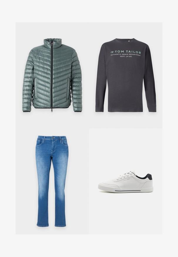TOM TAILOR LIGHTWEIGHT JACKET - Übergangsjacke - washed jasper green; TOM TAILOR PRINTED - Langarmshirt - tarmac grey; Blaue Jeans aus Denim mit geradem Bein, ausgestattet mit fünf Taschen, einem Reißverschluss und Kontrastnähten. Der Stoff hat eine mittlere Waschung mit Ausbleichungen.; Weiße Sneakers mit einem glatten synthetischen Obermaterial, runder Spitze, Schnürdesign, marineblauem Akzent an der Ferse und einer strukturierten Gummisohle mit einem schwarzen Streifen.