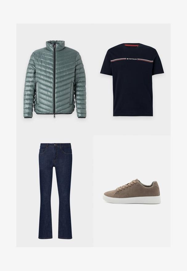 TOM TAILOR LIGHTWEIGHT JACKET - Overgangsjakke - washed jasper green; Marineblå bomulds-t-shirt med korte ærmer og rund halsudskæring, med en hvid og rød horisontal stribedetalje og "TOM TAILOR" logo.; Mørkeblå denim flare jeans med mellemhøj talje, fem lommer og kontrastsyninger. Glat tekstur med minimal slid.; Brune ruskinds sneakers med flade hvide gummisåler, snørelukning, rund tå og en glat overflade. Minimalistisk stil med diskrete syninger.