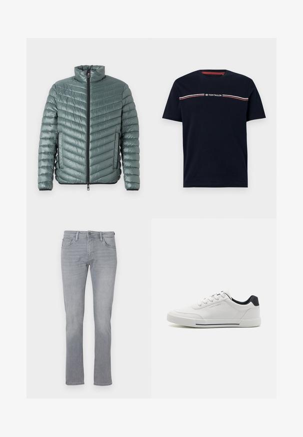 TOM TAILOR LIGHTWEIGHT JACKET - Übergangsjacke - washed jasper green; Marineblaue Baumwoll-T-Shirt mit kurzen Ärmeln und rundem Halsausschnitt, ausgestattet mit einem weißen und roten horizontalen Streifendesign und dem "TOM TAILOR" Logo.; Graue Jeans aus Denim mit geradem Bein, ausgestattet mit einem Frontknopf und einem Reißverschluss, fünf Taschen und subtilen Verwaschungen.; Weiße Sneakers mit einem glatten synthetischen Obermaterial, runder Spitze, Schnürdesign, marineblauem Akzent an der Ferse und einer strukturierten Gummisohle mit einem schwarzen Streifen.