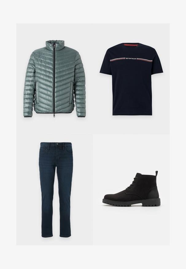 TOM TAILOR LIGHTWEIGHT JACKET - Ľahká bunda - washed jasper green; Námornícky modré bavlnené tričko s krátkymi rukávmi a okrúhlym výstrihom, s bielym a červeným vodorovným pruhom a logom "TOM TAILOR".; Tmavomodré džínsy z denimu so strihom s rovnými nohavicami, s piatimi vreckami, zapínaním na gombík a jemným vyblednutím vpredu.; Čierne semišové členkové boty s okrúhlym špičkou, šnurovací dizajn, gumová podrážka s dezénom a pútko na päte pre jednoduché obúvanie.