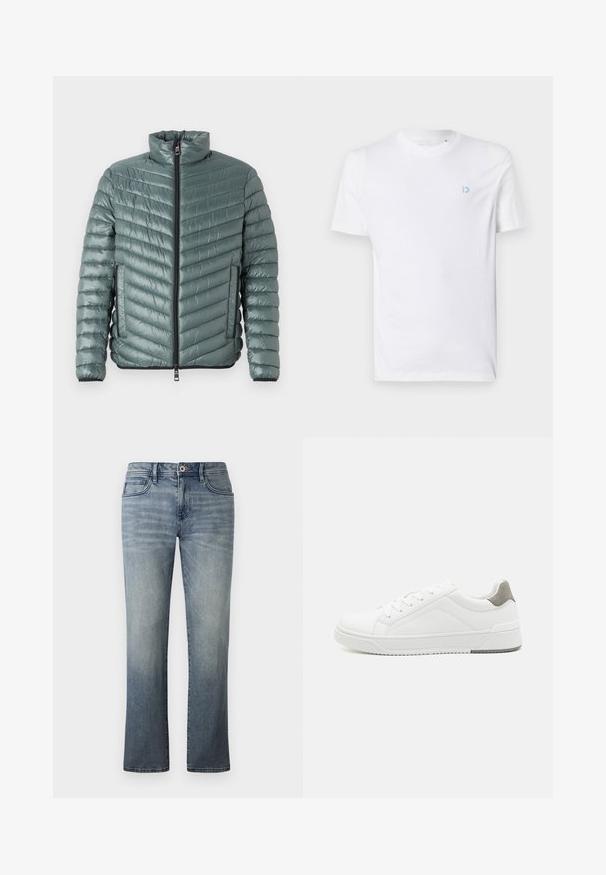 TOM TAILOR LIGHTWEIGHT JACKET - Ľahká bunda - washed jasper green; Biela bavlnená tričko s okrúhlym výstrihom a krátkymi rukávmi, s svetlomodrým logom na ľavej hrudi. Hladká textúra, jednoduchý dizajn.; Svetlo umývané džínsy s rovnými nohavicami, päť vreciek, kovová gombíková príprava a jemné vyblednuté detaily.; Biele tenisky z hladkej koženej tkaniny, zaoblenou špičkou, minimalistickým dizajnom, sivým akcentom na päte a textúrovanou gumovou podrážkou.