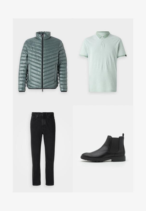TOM TAILOR LIGHTWEIGHT JACKET - Overgangsjakke - washed jasper green; Lysegrøn polo shirt lavet af blødt stof, med klassisk krave, tre knapper, og hvide detaljer på kraven og ærmerne.; Sorte denim jeans med lige ben-design, med knap- og lynlåslukning, forlommer og subtile teksturer.; Sort læder Chelsea-boot med elastiske sidepaneler og en løftestrop, der har en rund tå og en tekstureret gummisål.