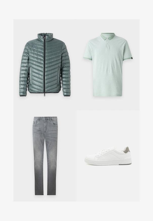 TOM TAILOR LIGHTWEIGHT JACKET - Übergangsjacke - washed jasper green; Hellgrünes Poloshirt aus weichem Material, mit klassischem Kragen, drei Knöpfen und weißen Akzenten am Kragen und den Ärmeln.; Graue Jeans aus Denim mit einem ausgebleichten Design, fünf Taschen, Knopfverschluss und geradem Schnitt. Sanfte Textur mit leichtem Verschleiß an den Kanten.; Weißer Sneaker aus glattem Leder, runde Zehenpartie, minimalistisches Design, graue Fersenkante und strukturierte Gummisohle.