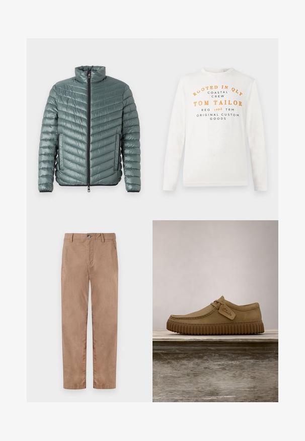 TOM TAILOR LIGHTWEIGHT JACKET - Overgangsjakke - washed jasper green; Hvid langærmet skjorte med orange og sort tekst, der læser "Rooted in QLY Coastal Crew Tom Tailor Reg 1962 TRM Original Custom Goods" på forsiden.; TOM TAILOR REGULAR WASHED - Chino - caribou beige; Lysebrune ruskindsko med rund tå, syet detaljer og en ribbet brun gummisål. Har et sidemærke med "Clarks" logo.