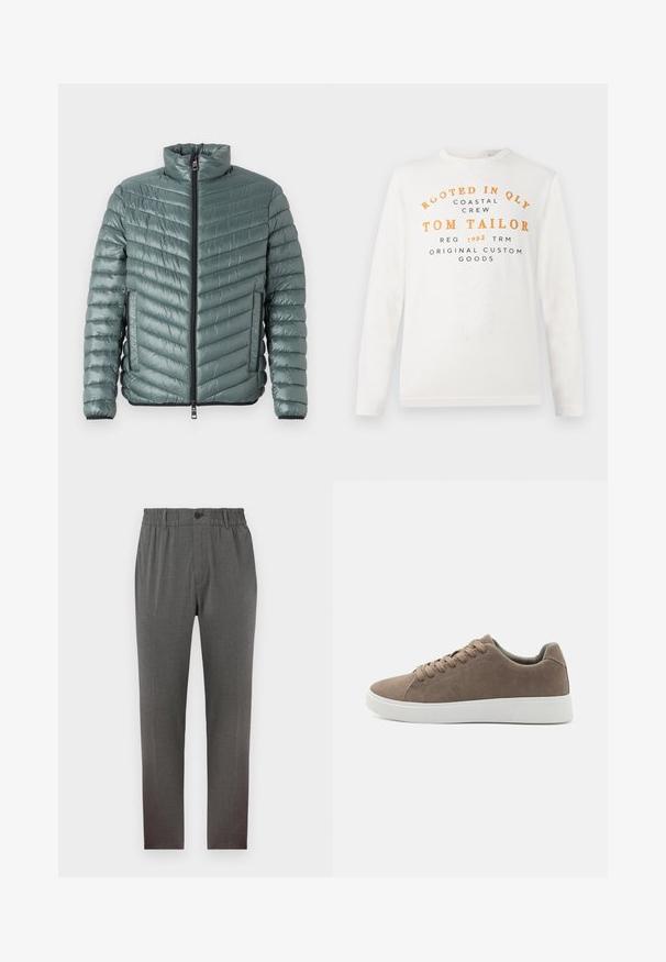 TOM TAILOR LIGHTWEIGHT JACKET - Kerge jope - washed jasper green; Valge pika varrukaga särk, mille ees on oranž ja must tekst "Rooted in QLY Coastal Crew Tom Tailor Reg 1962 TRM Original Custom Goods".; Hallid püksid, millel on kohandatud disain, elastne vöökoht, nupuga kinnitamine ja sirged sääred; valmistatud pehmest, tekstuuriga kangast.; Pruunid sametist tossud lame valge kummist tallaga, nöörimise disainiga, ümar nina ja siledat tekstuuri. Minimalistlik stiil koos diskreetsete õmblusdetailidega.