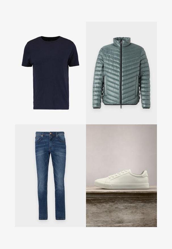 TOM TAILOR LIGHTWEIGHT JACKET - Overgangsjakke - washed jasper green; Pier One by Zalando T-shirts basic - dark blue; Mørkeblå denim jeans med lige ben, fem lommer, subtile blegetoner, kontrastsyet og knaplukning i taljen.; Hvide snørresneakers svævende over en træbænk med grønne planter i baggrunden, der fremhæver skodesign og tekstur.