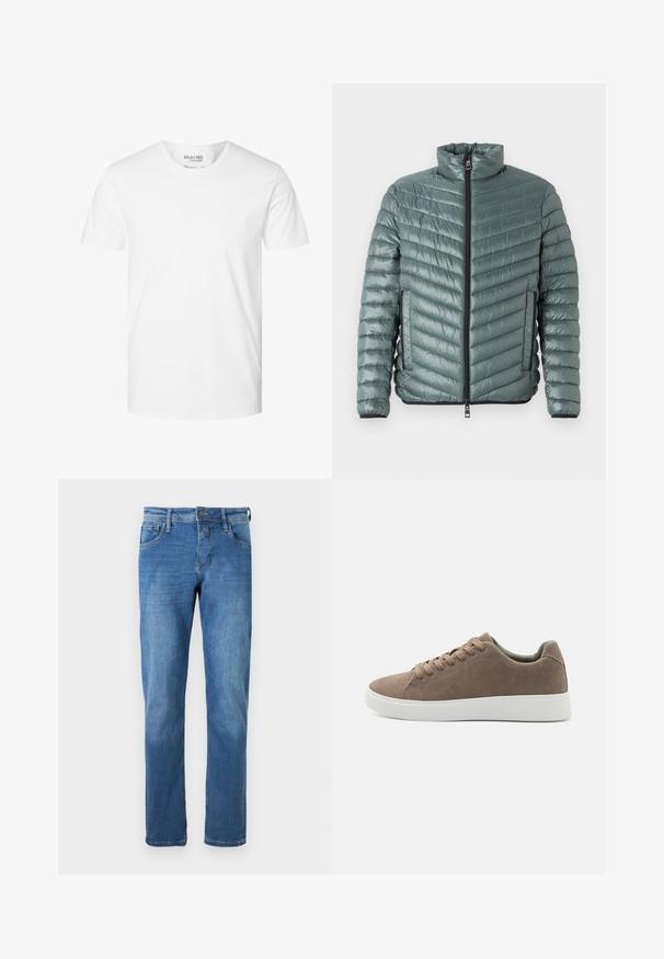 TOM TAILOR LIGHTWEIGHT JACKET - Overgangsjakke - washed jasper green; Enkelt hvid t-shirt med korte ærmer og rund hals, lavet af økologisk bomuld, mærket Selected Homme, størrelse large.; Denim jeans i medium blå med lige pasform. Har fem lommer, en knaplukning og synlige syninger langs sømmene.; Brune ruskinds sneakers med flade hvide gummisåler, snørelukning, rund tå og en glat overflade. Minimalistisk stil med diskrete syninger.