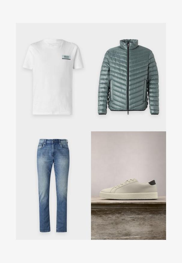 TOM TAILOR LIGHTWEIGHT JACKET - Chaqueta de entretiempo - washed jasper green; Camiseta de algodón blanca con un pequeño parche de logo azul y negro en el pecho. El diseño es simple, con cuello redondo y mangas cortas.; Jeans de denim azul claro con corte recto, cinco bolsillos y un lavado desgastado. Presenta un cierre de botón y presillas para cinturón.; Zapatilla blanca con suela texturizada y detalle negro en el talón, flotando sobre un banco de madera con hierba alta y verde de fondo.