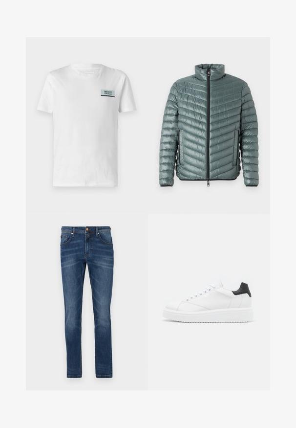 TOM TAILOR LIGHTWEIGHT JACKET - Ľahká bunda - washed jasper green; Biele bavlnené tričko s malou modro-čiernou logovou nášivkou na hrudi. Dizajn je jednoduchý s okrúhlym výstrihom a krátkymi rukávmi.; Tmavomodré denimové nohavice so strihaním rovného strihu, piatimi vreckami, jemným vyblednutím, kontrastným šitím a zapínaním na gombík v páse.; Biele kožené tenisky s čiernym pätkovým detailom, plochými šnúrkami, textúrovanou medzipodrážkou a logom na vonkajšej strane. Navrhnuté na neformálne nosenie.