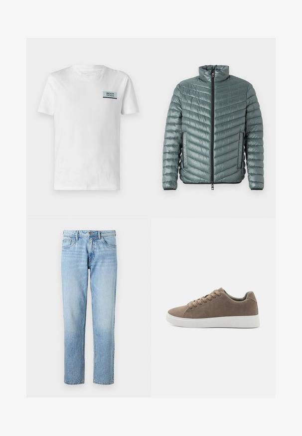 TOM TAILOR LIGHTWEIGHT JACKET - Chaqueta de entretiempo - washed jasper green; Camiseta de algodón blanca con un pequeño parche de logo azul y negro en el pecho. El diseño es simple, con cuello redondo y mangas cortas.; Jeans de mezclilla azul claro con corte recto, diseño de cinco bolsillos, textura desgastada y cierre clásico de botón y cremallera.; Zapatillas de ante marrón con suelas de goma blanca planas, diseño de cordones, punta redondeada y una textura suave. Estilo minimalista con sutiles detalles de costura.