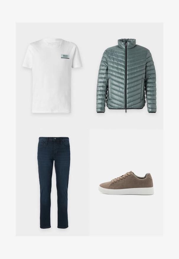 TOM TAILOR LIGHTWEIGHT JACKET - Chaqueta de entretiempo - washed jasper green; Camiseta de algodón blanca con un pequeño parche de logo azul y negro en el pecho. El diseño es simple, con cuello redondo y mangas cortas.; Jeans de mezclilla azul oscuro con corte recto, con cinco bolsillos, cierre de botón y un ligero desgaste en la parte frontal.; Zapatillas de ante marrón con suelas de goma blanca planas, diseño de cordones, punta redondeada y una textura suave. Estilo minimalista con sutiles detalles de costura.