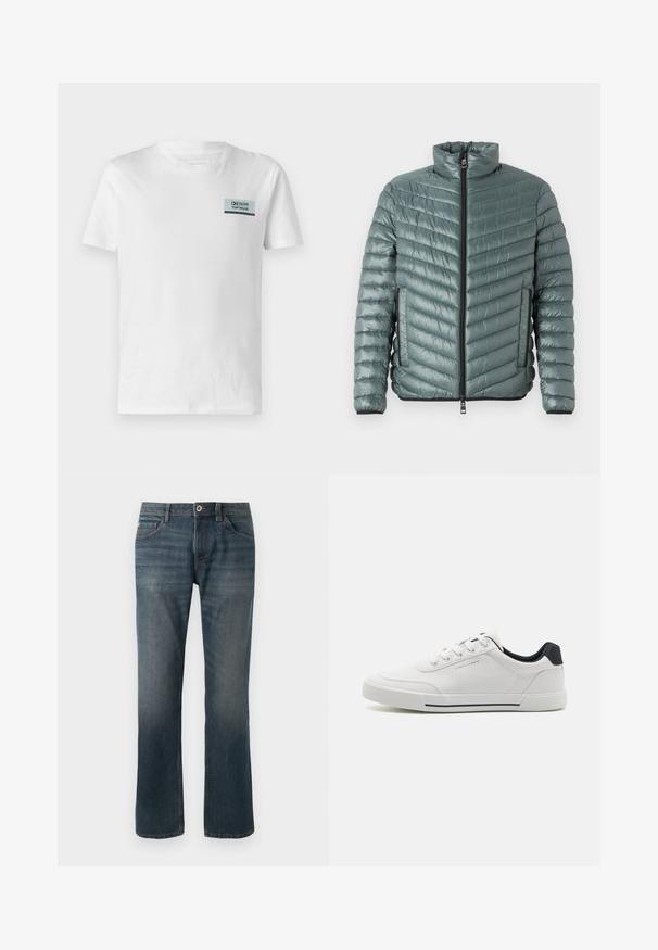 TOM TAILOR LIGHTWEIGHT JACKET - Chaqueta de entretiempo - washed jasper green; Camiseta de algodón blanca con un pequeño parche de logo azul y negro en el pecho. El diseño es simple, con cuello redondo y mangas cortas.; Jeans de mezclilla azul oscuro con un diseño de pierna recta. Las características incluyen cinco bolsillos, costuras de contraste y un cierre frontal con botón y cremallera.; Zapatillas blancas con una parte superior sintética suave, puntera redonda, diseño de cordones, acento en azul marino en el talón y una suela de goma texturizada con una franja negra.