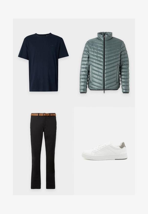 TOM TAILOR LIGHTWEIGHT JACKET - Übergangsjacke - washed jasper green; Marineblaue Kurzarm-T-Shirt aus weichem Stoff mit Rundhalsausschnitt, mit einem kleinen Logo und dem Jahr "1962" auf der Brust bedruckt.; Schwarze Baumwoll-Chinos mit geradem Bein Design, ausgestattet mit einem braunen Ledergürtel. Glatte Textur, klassische Fronttaschen und Gürtelschlaufen.; Weißer Sneaker aus glattem Leder, runde Zehenpartie, minimalistisches Design, graue Fersenkante und strukturierte Gummisohle.