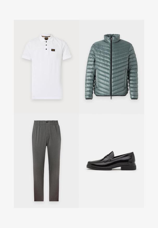 TOM TAILOR LIGHTWEIGHT JACKET - Jas - washed jasper green; Witte polo shirt gemaakt van gestructureerd katoen, met een drieknops sluiting, korte mouwen en een zwart logo op de borst.; Grijze broek met een tailor-made design, voorzien van een elastische tailleband, knoopsluiting en rechte pijpen; gemaakt van zachte, gestructureerde stof.; Zwarte leren instappers met een afgeronde neus, voorzien van een gestikte detail over de wreef, en een lage blokhak. Glad textuur en glanzende afwerking.