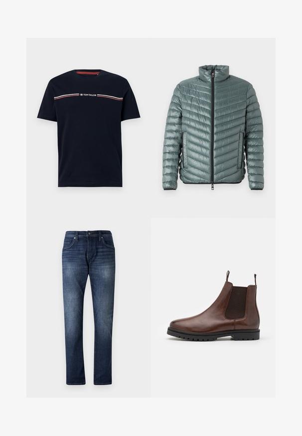 TOM TAILOR LIGHTWEIGHT JACKET - Jas - washed jasper green; Navyblauwe katoenen t-shirt met korte mouwen, ronde halslijn, met een witte en rode horizontale streepdetail en het "TOM TAILOR" logo.; Donkerblauwe denim jeans met een rechte pijpdesign, voorzien van een vervaagde wassing, vijf zakken en zichtbare stiksels langs de naden.; Bruine leren Chelsea-boot met elastische zijpanelen, ronde neus en getextureerde rubberen zool, voorzien van trek-lussen voor gemakkelijke aan- en uittrekken.