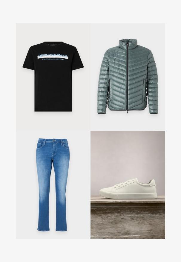 TOM TAILOR LIGHTWEIGHT JACKET - Ελαφρύ μπουφάν - washed jasper green; Μαύρο βαμβακερό T-shirt με στρογγυλή λαιμόκοψη, με μπλε και λευκό κείμενο: "DENIM TOM TAILOR ιδρύθηκε το δύο χιλιάδες επτά."; Μπλε τζιν με κανονική γραμμή, διαθέτουν πέντε τσέπες, φερμουάρ και ραφές αντίθετου χρώματος. Το ύφασμα έχει μεσαία πλύση με φθορές.; Λευκά sneakers με κορδόνια που αιωρούνται πάνω από ξύλινο παγκάκι με πράσινη βλάστηση στο φόντο, επιδεικνύοντας το σχέδιο και την υφή του παπουτσιού.