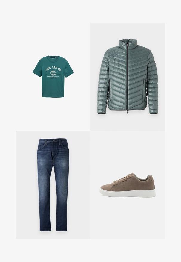 TOM TAILOR LIGHTWEIGHT JACKET - Jas - washed jasper green; Teal kort-sleeve t-shirt van katoen met een ronde halslijn en witte bedrukte tekst "TOM TAILOR" en ontwerpelementen aan de voorkant.; Donkerblauwe denim jeans met een rechte pijpdesign, voorzien van een vervaagde wassing, vijf zakken en zichtbare stiksels langs de naden.; Bruine suède sneakers met platte witte rubberen zolen, vetersluiting, ronde neus en een gladde textuur. Minimalistische stijl met subtiele stikdetails.