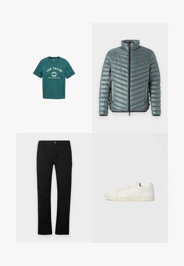 TOM TAILOR LIGHTWEIGHT JACKET - Overgangsjakke - washed jasper green; Teal kortærmet t-shirt lavet af bomuld med rund halsudskæring og hvid tekst "TOM TAILOR" samt design detaljer på forsiden.; Sorte lige bukser med knap- og lynlåslukning, bæltestropper og sidelommer, præsenteret på en hvid baggrund.; Lave hvide lædersneakers med snørebånd og flad gummisål, set fra indersiden på en ensfarvet baggrund.