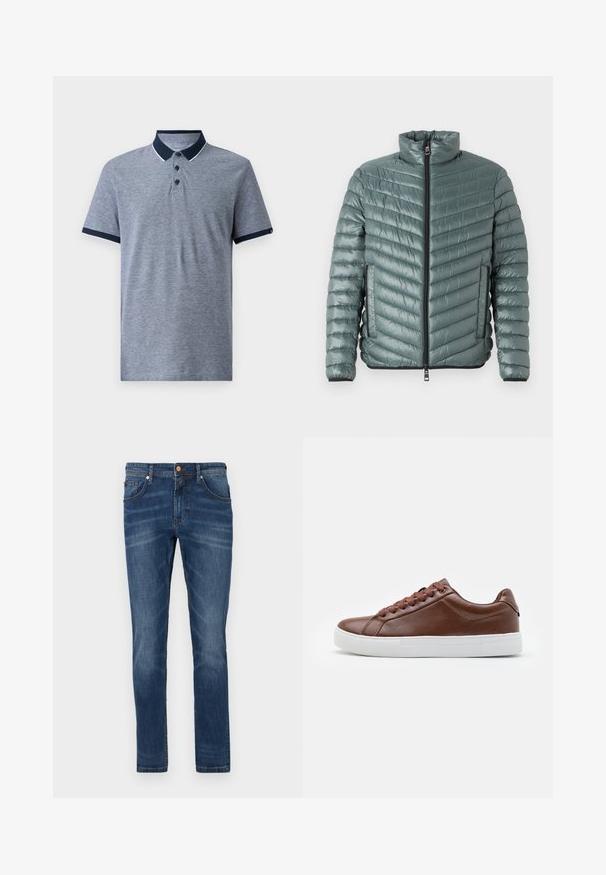 TOM TAILOR LIGHTWEIGHT JACKET - Kerge jope - washed jasper green; Hallhargusega hall lühikeste varrukatega polo särk, mille kaela ja varruka servad on tumesinisest. Sellel on kolm musta nööpi ja peen heather tekstuur.; Tumed sinise denimi teksad, sirge lõikega, viie taskuga, kerge kulumisjälg ja kontrastvärviline õmblus, nööpkinnitus vööl.; Pruun nahast tenniseking, millel on sile tekstuur, ümar varvas, lipsud ees ning valge kummist põhi, millel on tekstuuriga muster.