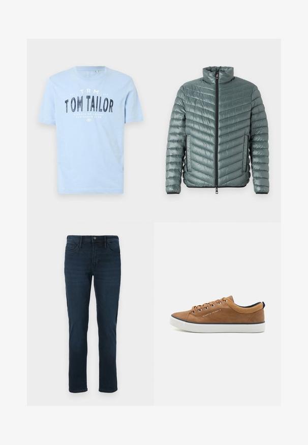 TOM TAILOR LIGHTWEIGHT JACKET - Overgangsjakke - washed jasper green; Lyseblå bomulds t-shirt med rund halsudskæring og korte ærmer. Den har kraftig sort trykt tekst: "TOM TAILOR" samt yderligere brandingdetaljer.; Mørkeblå denimjeans med lige ben, der har fem lommer, knaplukning og diskret slidfornemmelse på forsiden.; Brune lædersneakers med rund tå, hvid sål og marineblå accenter. Har metaløjer og en tekstureret krave.
