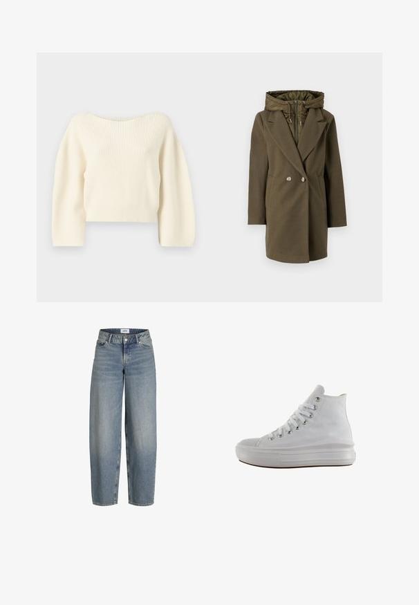 Vero Moda VMGRACE - Manteau d'hiver - grape leaf; Pull court en tricot côtelé de couleur crème, avec un large décolleté et des manches longues. Texture lisse avec un ourlet ajusté.; Jean délavé, ample et taille haute, fabriqué en denim. Il présente cinq poches et une fermeture à bouton et zip traditionnelle.; Baskets montantes en toile blanche avec lacets blancs, œillets métalliques, semelle épaisse en caoutchouc et bout texturé, orientées vers la gauche sur fond blanc.