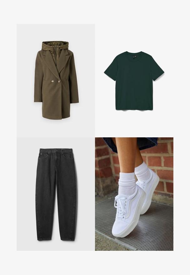 Vero Moda VMGRACE - Zimný kabát - grape leaf; Tmavohnedé tričko s krátkym rukávom vyrobené z jemnej látky. Má okrúhly výstrih a jednoduchý, rovný strih. Bez vzorov alebo ozdôb.; Čierne riflové nohavice s priamym strihom nohavíc, obsahujúce päť vreciek, zapínanie na gombík a minimálne šitie. Klasický dizajn a textúra.; Biele plátené tenisky s gumovou podrážkou, s piatimi dierkami na šnúrky, okrúhlou špičkou a svetlými švami, doplnené o biele členkové ponožky.