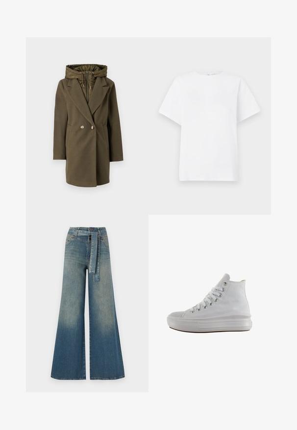 Vero Moda VMGRACE - Wintermantel - grape leaf; Weißes T-Shirt mit kurzen Ärmeln aus Baumwolle. Verfügt über einen runden Halsausschnitt, einen lässigen Schnitt und eine glatte Textur ohne Muster oder Akzente.; Weit geschnittene Denim-Hosen mit einem Farbverlauf von hellblau zu dunkelblau, hoher Taille, Gürtelschlaufen und einem passenden Stoffgürtel. Strukturierte Denim-Oberfläche.; Weißer High-Top-Canvas-Sneaker mit weißen Schnürsenkeln, metallischen Ösen, dicker Gummisohle und strukturierter Zehenkappe, nach links auf weißem Hintergrund ausgerichtet.