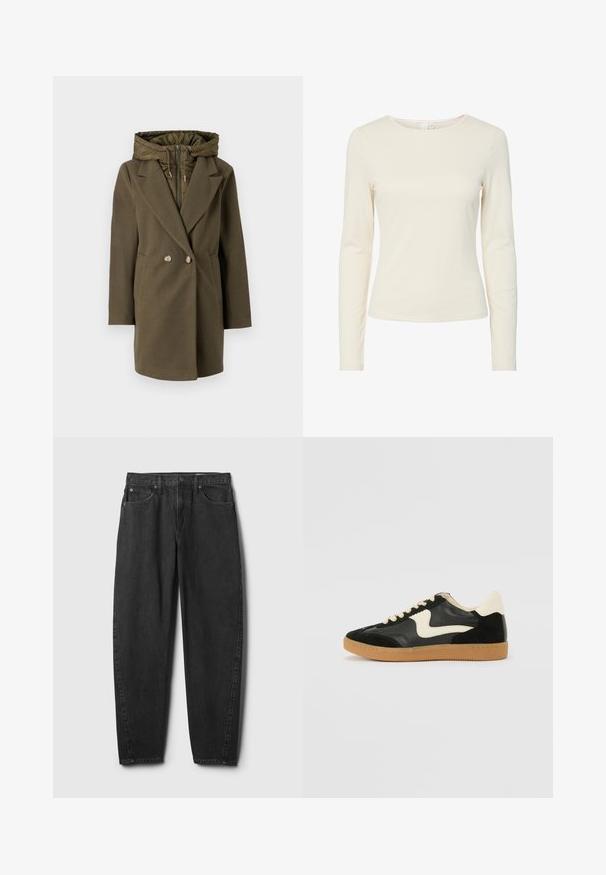 Vero Moda VMGRACE - Zimný kabát - grape leaf; Hladká, dlhá, krémovo sfarbená dámska košeľa s dlhým rukávom a okrúhlym výstrihom, vystavená na bielom pozadí.; Čierne riflové nohavice s priamym strihom nohavíc, obsahujúce päť vreciek, zapínanie na gombík a minimálne šitie. Klasický dizajn a textúra.; Čierne semišové a kožené tenisky s krémovým bočným prešívaním a svetlo krémovou pätou. Obsahujú béžové šnúrky a podošvu z gumeného kaučuku.