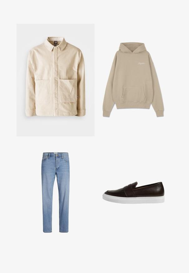 Beige plysjakke med krave, frontknapper og to store forlommer, vist fladt på en hvid baggrund.; Beige hættetrøje lavet af bomuld, med en frontlomme, ribbede manchetter og et lille hvidt logo på brystet.; Lysblå denimjeans med lige pasform, standard fem-lomme design og synlig stitching. Ingen tydelige mønstre eller accenter.; Scarosso Loafers - brown calf