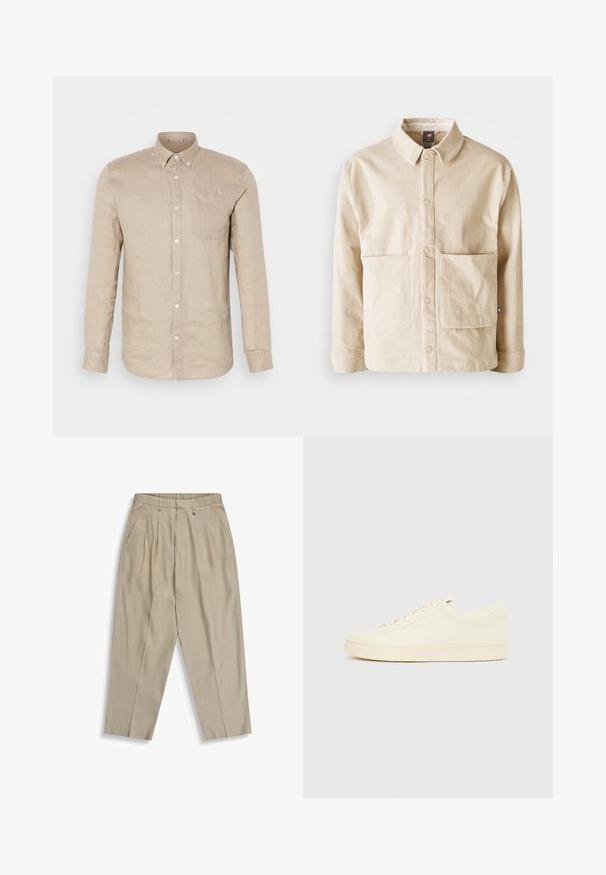 Chaqueta de pana beige con cuello, botones a presión en la parte delantera y dos grandes bolsillos frontales, exhibida plana sobre un fondo blanco.; Camisa de lino beige de botones con mangas largas, bolsillo en el pecho y botones blancos. Textura suave, corte relajado y cuello puntiagudo.; Pantalones beige de cintura alta con pliegues, bolsillos laterales, trabillas para cinturón y diseño de pierna entallada.; Zapatilla de color crema con parte superior de cuero liso, puntera redondeada, cierre de cordones y suela de goma texturizada. Diseño minimalista, sin logotipos.