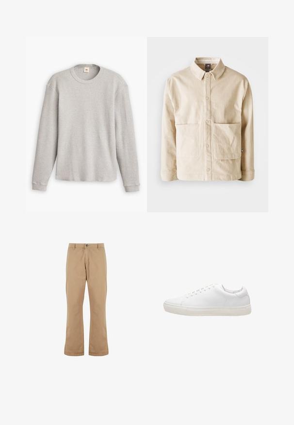 Beige corduroy jas met een kraag, drukknopen aan de voorkant en twee grote voorzakken, plat weergegeven op een witte achtergrond.; Grijze lange mouwen trui van gebreid materiaal met een geribbeld patroon, ronde halslijn en rechte zoom. De manchetten zijn aansluitend en gemaakt van zachte stof.; Beige katoenen broek met een rechte snit, voorzien van een knoopsluiting, zijzakken en een gladde textuur.; Witte leren sneaker met een gladde textuur, ronde neus, vetersluiting en een platte rubberen zool. Minimalistisch ontwerp zonder zichtbare patronen.