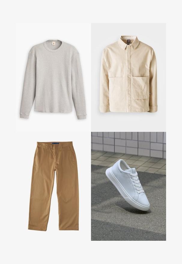 Veste en velours côtelé beige avec un col, des boutons-pression à l'avant et deux grandes poches avant, présentée à plat sur un fond blanc.; Pull en maille gris à manches longues avec une texture côtelée, encolure ronde et ourlet droit. Les poignets sont ajustés et fabriqués en tissu doux.; Chinos en coton beige avec une coupe droite, comportant deux poches avant, une poche arrière et une fermeture à bouton. Texture lisse.; Baskets basses blanches à lacets flottant au-dessus d’un bitume texturé et d’une surface carrelée beige en arrière-plan.