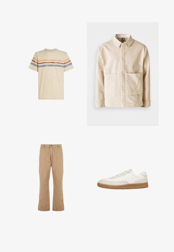 Beige corduroy jas met een kraag, drukknopen aan de voorkant en twee grote voorzakken, plat weergegeven op een witte achtergrond.; Crème katoenen t-shirt met horizontale strepen in oranje, rood en blauw. Korte mouwen, ronde halslijn en een klein logo detail op de borst.; Beige katoenen broek met een rechte snit, voorzien van een knoopsluiting, zijzakken en een gladde textuur.; Wit leren lage sneaker met beige accenten en een zool van gumrubber, zijaanzicht, platte veters en een gestructureerd zoolpatroon.