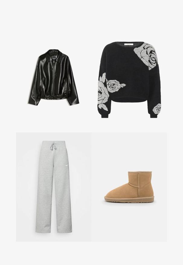 Sort jakke i imiteret læder med lynlås, krave, lynlås-lommer foran og bælte ved taljen fra Bershka.; Sort sweater med en afslappet pasform, der har grå blomster mønstre på den ene side og struktureret strikstof. Rund halsudskæring og ribkantede ærmer.; Grå sweatpants med elastisk talje, snor detaljer og et lille hvidt Nike-logo på venstre lår. Blødt stof, løs pasform.; Brun ruskinds ankelstøvle med rund tå og polstret krave, der har kontrastsyninger og en tekstureret gummisål.
