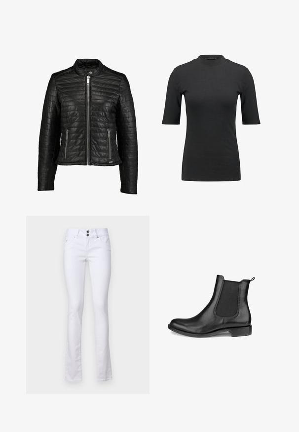 Maze SOTA - Læderjakker - black; Sort ribbet t-shirt med høj hals og korte ærmer. Glat, tætsiddende design uden mønstre eller synlige hardwaredetaljer.; Hvide flagrende jeans lavet af bomuldsblandingsstof, med en to-knap lukning, frontlommer og subtile syninger.; Sort læder Chelsea-støvle med elastiske sidepaneler, lav hæl, trækstrop bagpå og rund tå, vist fra ydersiden.