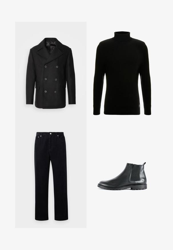 Isaac Dewhirst NEW SHORT PEACOAT SIDE ENTRY - Overgangsjakke - black; Sort turtleneck sweater med lange ærmer, ribbet tekstur, tætsiddende silhuet og lille mærke nederst til venstre.; Sorte fløjl bukser med lige ben-design, der har en knap- og lynlåslukning, fem lommer og et blødt, tekstureret stof.; Sorte læder ankelstøvler med en elastisk sidepanel, rund tå og en struktureret gummisål. Har en træktab bagpå.