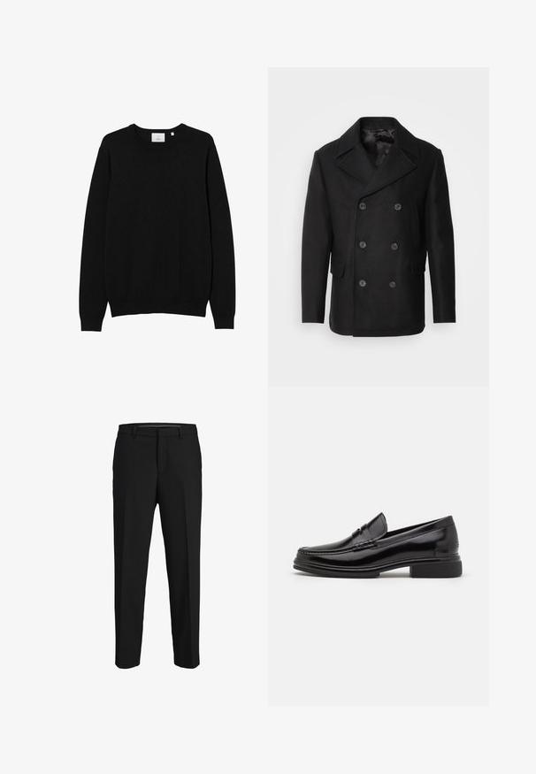 Isaac Dewhirst NEW SHORT PEACOAT SIDE ENTRY - Overgangsjakke - black; Sort crew-neck sweater lavet af et glat strikket stof. Har lange ærmer samt ribbede manchetter og kant. Simpelt, ensfarvet design uden mønstre.; Sorte bukser lavet af glat stof, med lige snit, bæltestropper og et fladt frontdesign uden synlige mønstre eller pyntegenstande.; Sorte læder loafers med en rund tå, der har en syet detalje over vristen og en lav blokhæl. Glat tekstur og blank finish.