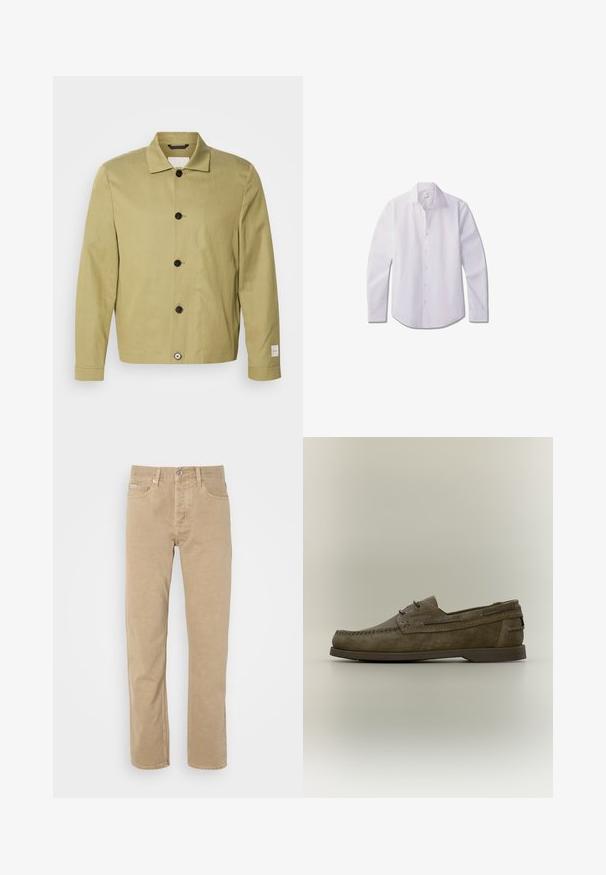 Veste vert olive clair en lin, présentant une coupe droite, des boutons noirs et une étiquette sur la manche. Aucun motif ni ornement visible.; Chemise blanche à manches longues avec boutons, en tissu lisse, dotée d'un col classique, d'une patte de boutonnage avant et d'un ourlet arrondi.; Pantalons en coton beiges au design à jambe droite, avec poches avant, fermeture à bouton et détails de couture subtils le long des coutures.; Mocassin marron en daim sans lacets avec couture moc toe et détail lacet, semelle en caoutchouc plate, garniture latérale et talon bas sur fond neutre.