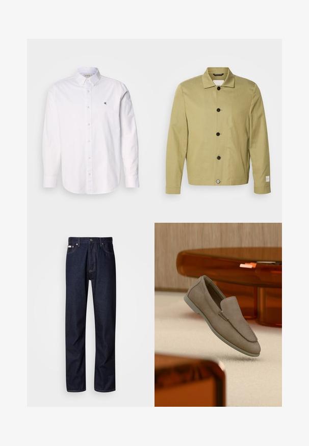 Chaqueta verde oliva clara hecha de lino, con un corte recto, botones negros y una etiqueta en la manga. No presenta patrones ni adornos visibles.; Camisa blanca de algodón, con cuello clásico, mangas largas y un pequeño logo de CK en el lado izquierdo del pecho. Textura suave.; Vaqueros de mezclilla azul oscuro con un diseño de pierna recta, que presentan un cierre de botón, cinco bolsillos y detalles de costura en contraste.; Mocasín beige de ante sin cordones con costuras visibles y suela clara, posicionado sobre una alfombra color crema, con un mueble translúcido naranja en el fondo.